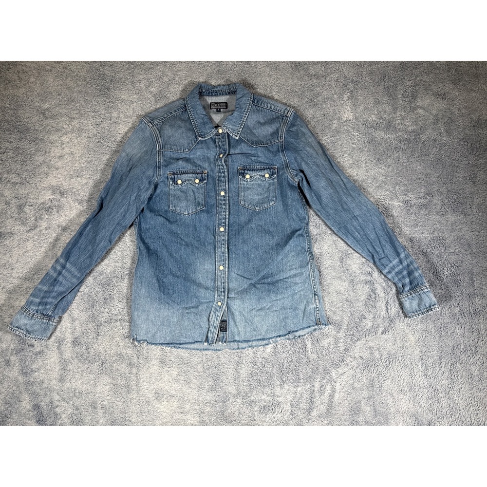 Lucky Brand Denim Western Shirt Medium Wash‎ Snap Front Raw Hem Womens Small